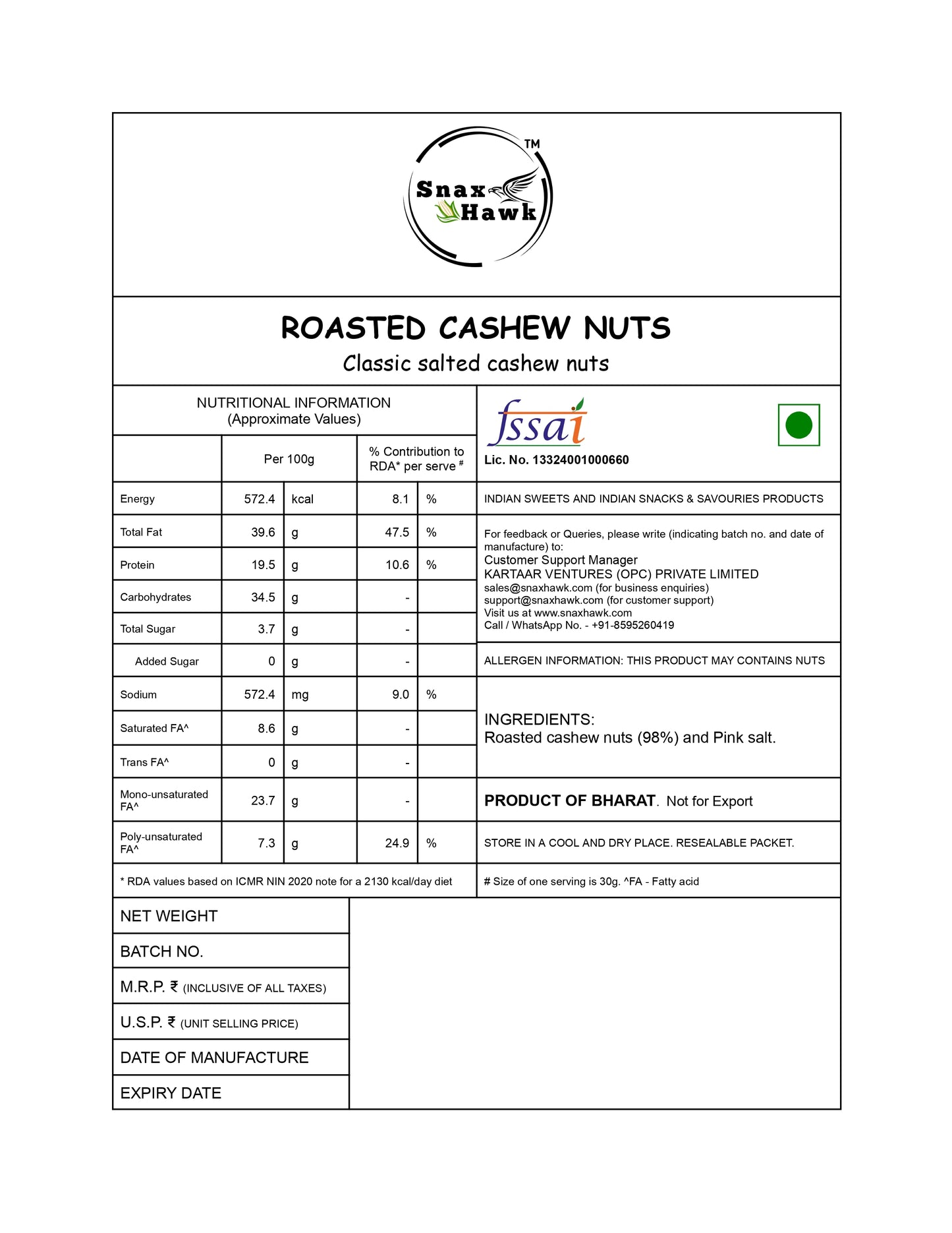 Roasted Cashew Nuts 150 Grams Free